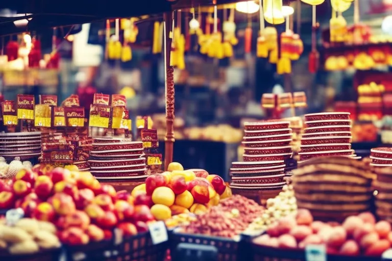 A colorful marketplace filled with various goods and vendors, showcasing the vibrant culture and tradition of the city.