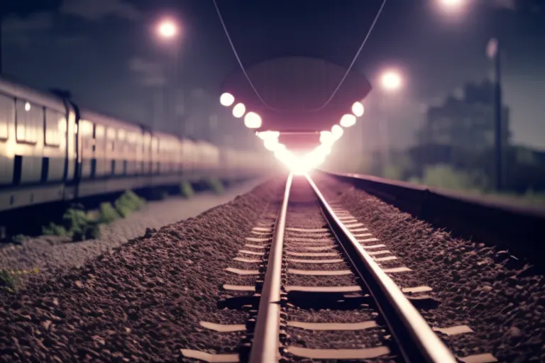 A serene night landscape of a train track disappearing into the distance, with the faint glow of lights in the background, suggesting an exciting journey ahead.