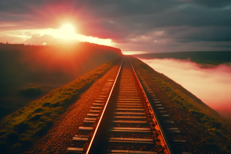 A misty landscape with a train track cutting through the center, disappearing into the foggy distance. The colors of the sunrise peek through the clouds.