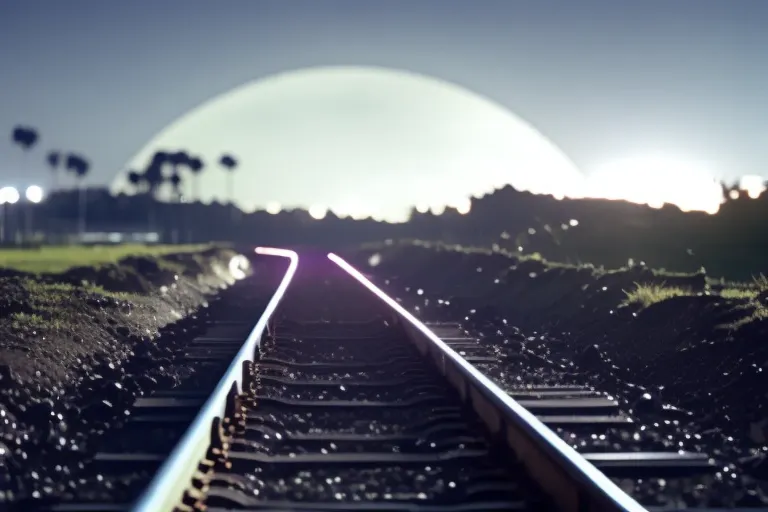 A serene night scene in shades of blue and purple, with a train track disappearing into the distance and a full moon shining in the sky.