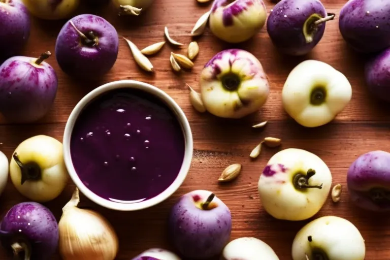 A bowl of dark purple sauce with a spoon on a wooden background, surrounded by whole plums, garlic cloves, and various herbs and spices.