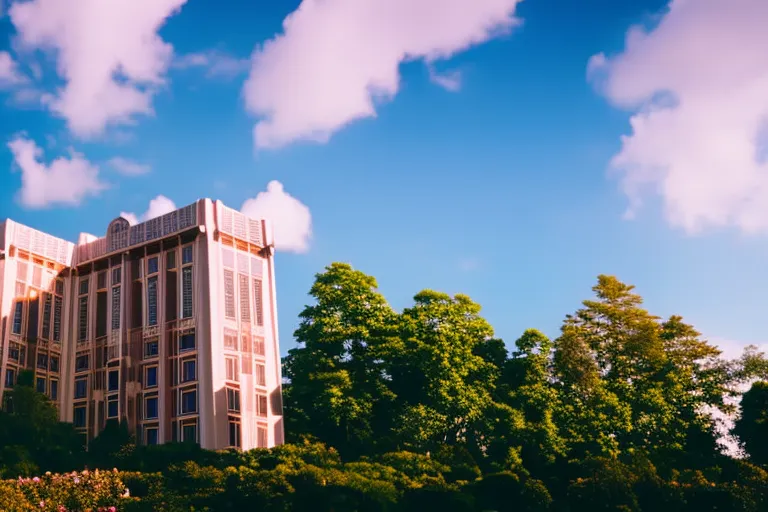 A majestic structure stands tall, surrounded by lush greenery and a serene blue sky. The warm glow of lights emanates from the windows, inviting guests to indulge in luxury and relaxation inside.