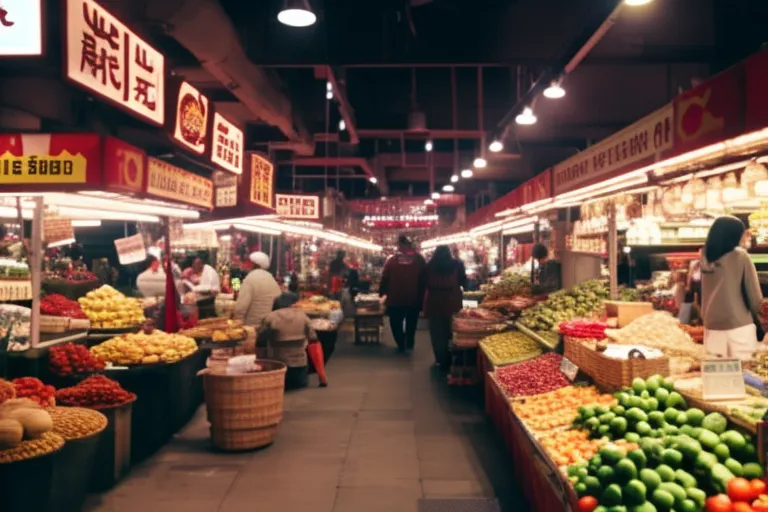 A bustling market scene with colorful stalls and vendors selling a variety of goods, including fresh produce, handmade crafts, and antiques. Shoppers can be seen haggling with vendors and sampling local delicacies.