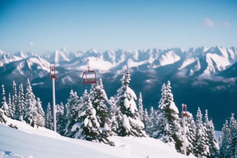 A snowy landscape with towering mountains and colorful ski lifts in the distance.