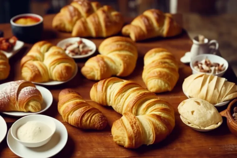 A rustic wooden table with a variety of freshly baked bread and pastries, including croissants, baguettes, and traditional Georgian sweets, arranged on colorful plates and surrounded by sprigs of herbs and flowers.