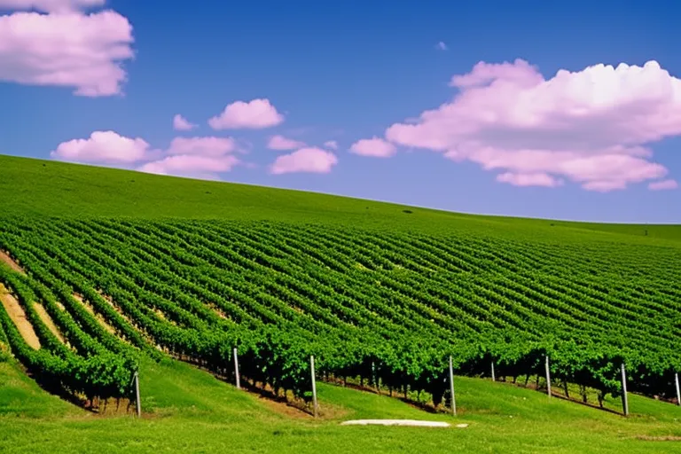A picturesque landscape of rolling hills and vineyards under a clear blue sky.