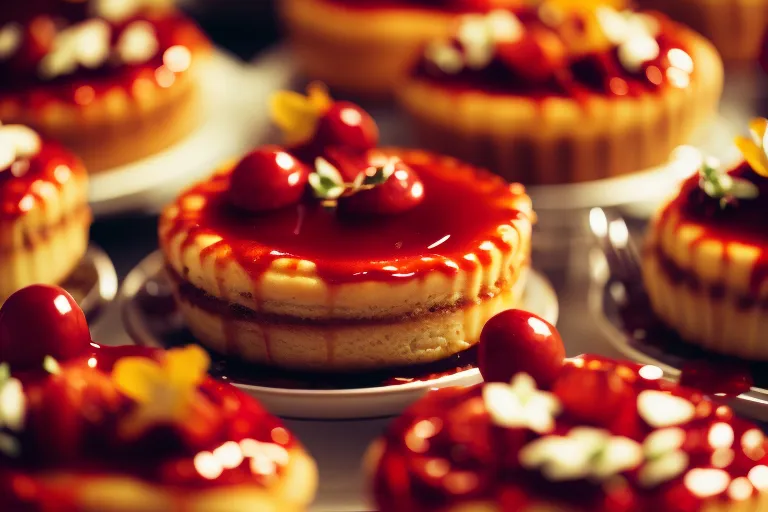 A warm and inviting display of decadent desserts and pastries, beautifully presented with vibrant colors and textures. The lighting highlights the intricate details of each treat.