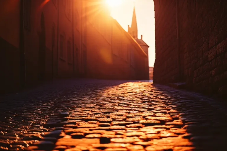A photo of a winding cobblestone alleyway, with ancient stone walls on either side and a glimpse of a towering castle in the distance. The warm glow of the setting sun illuminates the scene.
