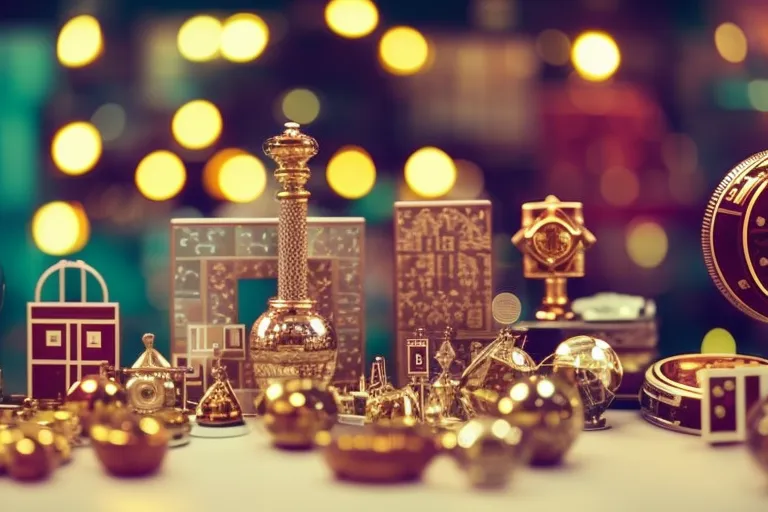 A colorful display of various artifacts and art pieces set against a bright, geometric background.