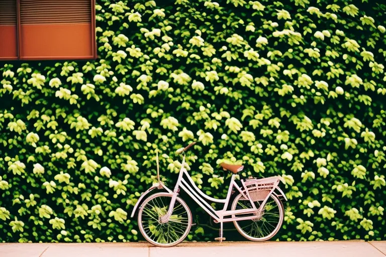A colorful patterned wall with a lone bicycle leaning against it, surrounded by green foliage in the background.