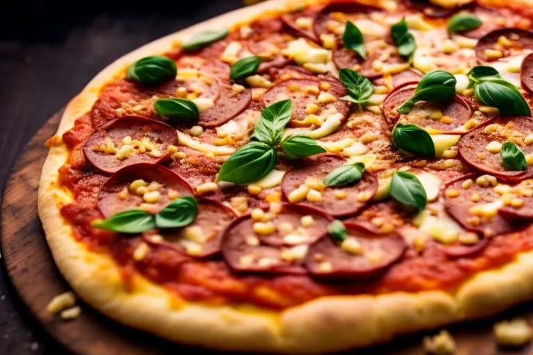 A close-up photo of a colorful pizza with unique toppings, set against a rustic background with hints of greenery.