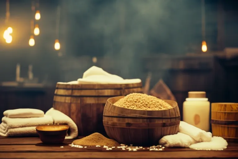 A serene photo of a steamy room with warm, amber lighting and natural elements like stones and plants. The focus is on a wooden barrel filled with steaming water, surrounded by towels and spa accessories.