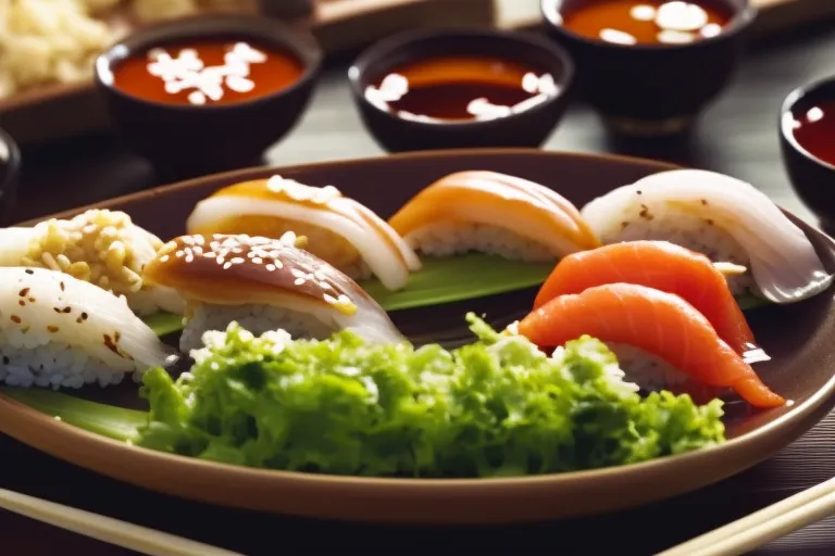 A vibrant and colorful sushi platter arranged on a ceramic plate, surrounded by wooden chopsticks and soy sauce in a small dish.
