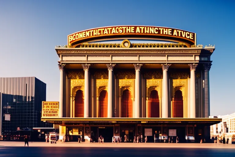 A majestic theater stands tall amidst a bustling city. The golden hues of the building glimmer in the sunlight, while the surrounding architecture hints at the city's rich cultural heritage.