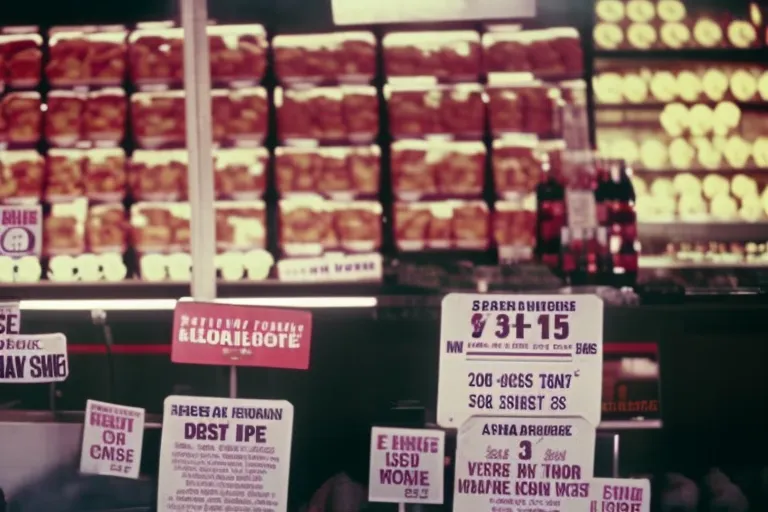 A colorful street vendor's display with various foods and prices on handwritten signs.