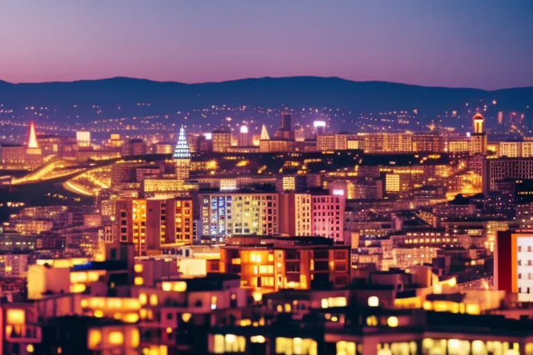 A colorful collage of various geometric shapes and patterns, with a blurred city skyline in the background. The vibrant colors and shapes represent the diverse range of unique and interesting hotels in Tbilisi, Georgia.