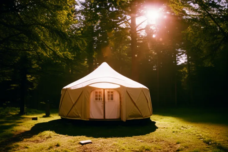 A cozy and unique accommodation nestled in the midst of towering trees, with a small, charming yurt illuminated by warm, flickering lantern light.