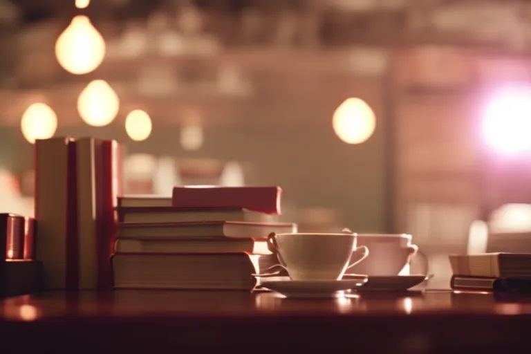 A cozy literary haven awaits with stacks of books and steaming cups of coffee amidst warm lighting and inviting decor.