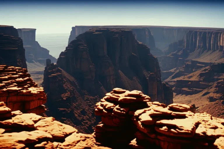 A rocky landscape with ancient structures built into the cliffs. The warm sun shines down on the scene, casting deep shadows and illuminating the intricate carvings and details of the structures.