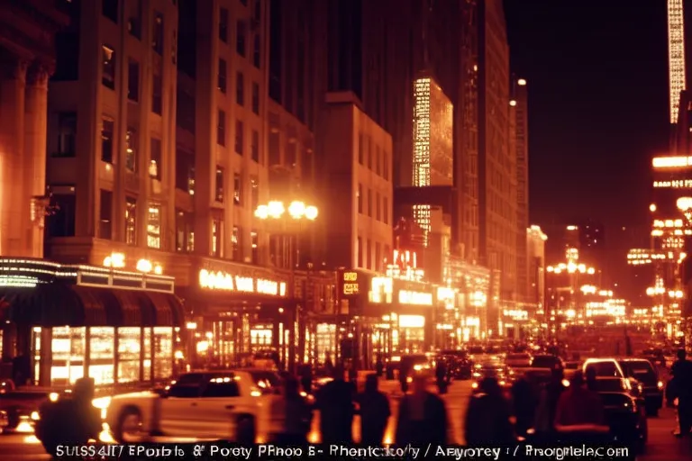 A grand, ornate building with a marquee lit up in the evening, surrounded by bustling streets and colorful lights.