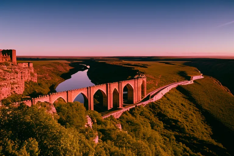 A majestic fortress overlooks a winding river as the sun sets, casting a warm glow over the surrounding landscape.