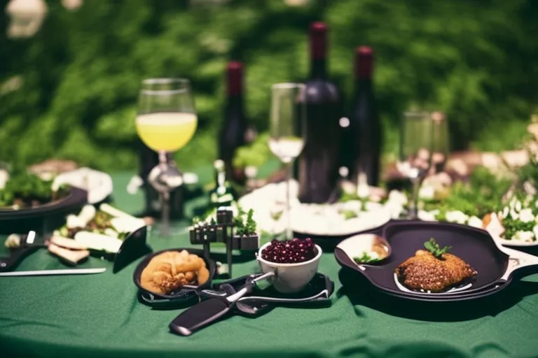 A table set with traditional cuisine and wine, surrounded by greenery and tennis equipment.