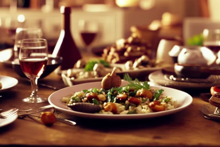 A rustic table spread with an assortment of colorful Georgian dishes, surrounded by traditional pottery and wine glasses.