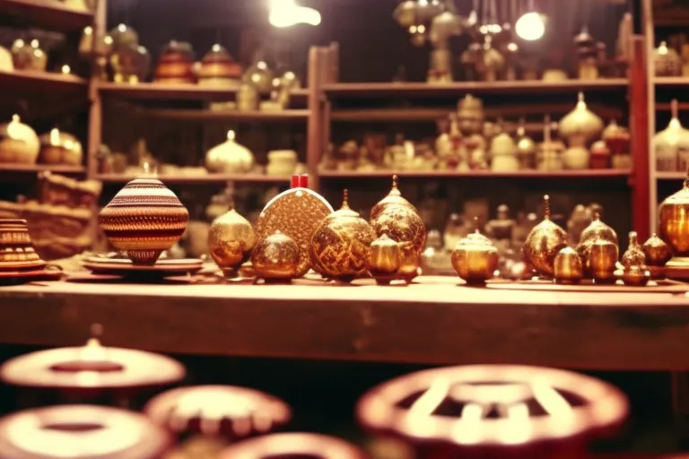 A colorful display of handmade crafts and vintage items arranged on wooden tables and shelves in an open-air market. The sun shines down on the unique souvenirs, highlighting their intricate designs and textures.