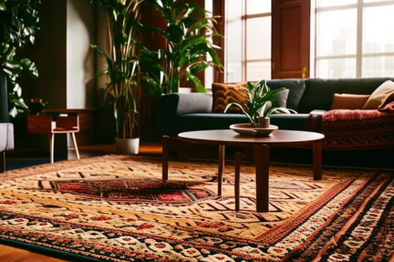 A cozy living room with a handmade rug as the centerpiece. The rug features bold colors and intricate patterns, adding warmth and character to the space. The room is filled with natural light and plants, creating a relaxing atmosphere.