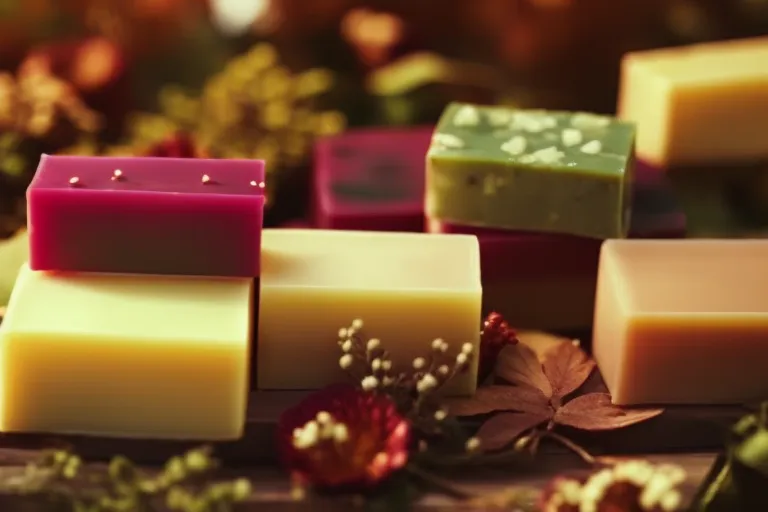 A photo of a collection of colorful handmade soap bars on a rustic wooden surface with natural elements such as flowers or leaves.