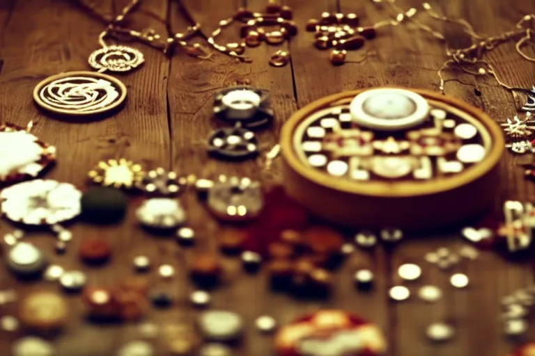 A colorful display of handmade crafts arranged on a rustic wooden table against a textured background.