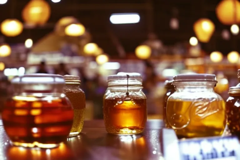 A jar of local honey sits on a wooden table with a blurred background of colorful market stalls and vendors.