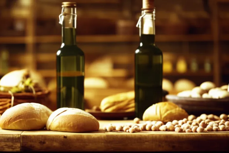 A rustic wooden table with a plate of fresh bread, a bottle of olive oil, and a sprig of herbs. The background is blurred but hints at a market or farm setting.