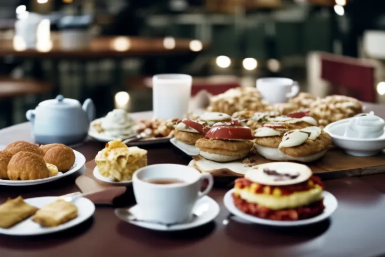 A colorful display of various breakfast foods arranged on a table, with a cup of coffee and a newspaper in the background.