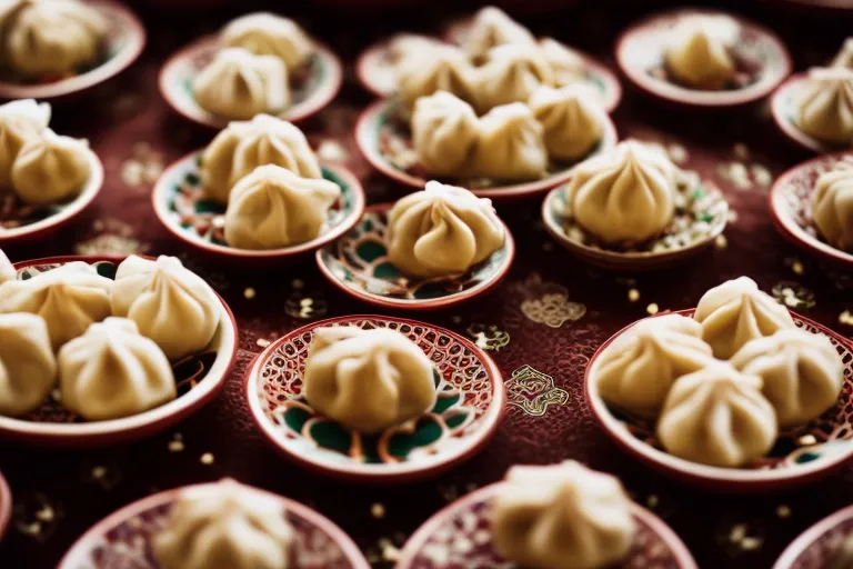 A table filled with colorful plates of steaming khinkali dumplings, surrounded by vibrant Georgian decor and patterns.