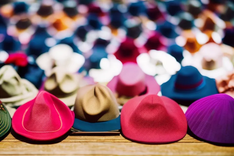 A photo of a colorful display of traditional Georgian hats, arranged neatly on a wooden table in front of a vibrant backdrop of textured fabrics and patterns.