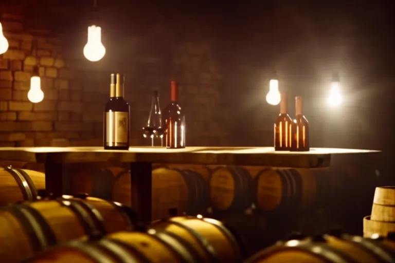 A rustic wine cellar with dim lighting, wooden barrels, and shelves filled with bottles of different shapes and colors. A small table with two wine glasses and a bottle in the center invites you to taste and explore.