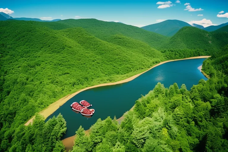 A bird's eye view of a winding river surrounded by lush green mountains and forests, with a colorful raft navigating through the rapids.