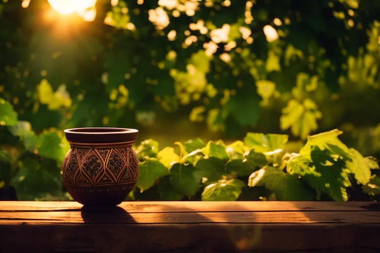 A clay vessel sits atop a rustic wooden table, surrounded by lush green vines and grapes. The warm glow of the sun filters through the leaves, casting a golden light on the scene.