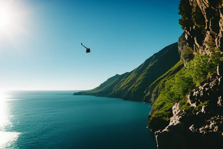A person soaring through the air above a breathtaking landscape, surrounded by vibrant greenery and clear blue waters.