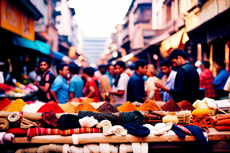 A bustling market street filled with colorful textiles, fragrant spices, and locals haggling over goods.